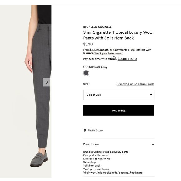 Brunello Cucinelli Monili Pants Gray Tropical Luxury Wool Split Hem Back Size 4 - Picture 3 of 10